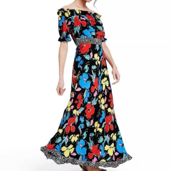 Rixo Black Colorful Floral Off-Shoulder Maxi Dress Ruffle Puff Sleeve Size 6 NWT - Picture 1 of 14